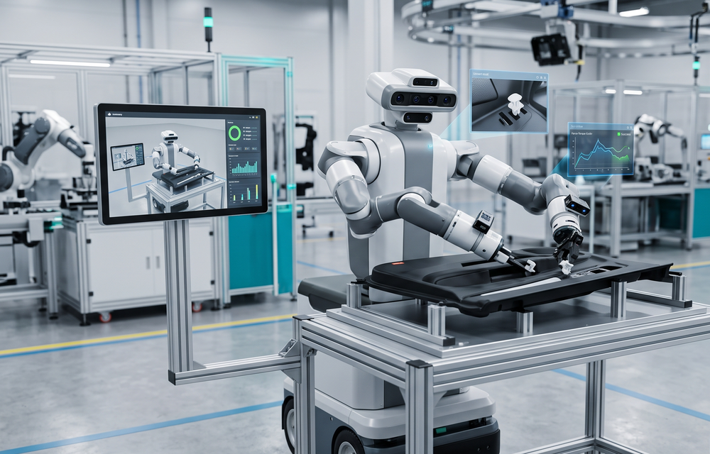 Dual-arm robot assembling a car door-trim part with a digital twin monitor